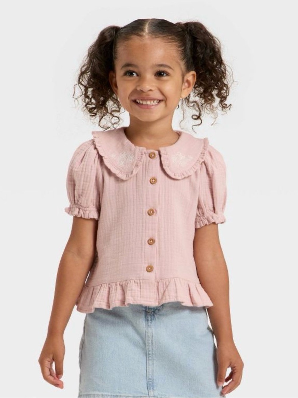 NWT Girls' Pink Button-Front Ruffle Top with Peter Pan Collar